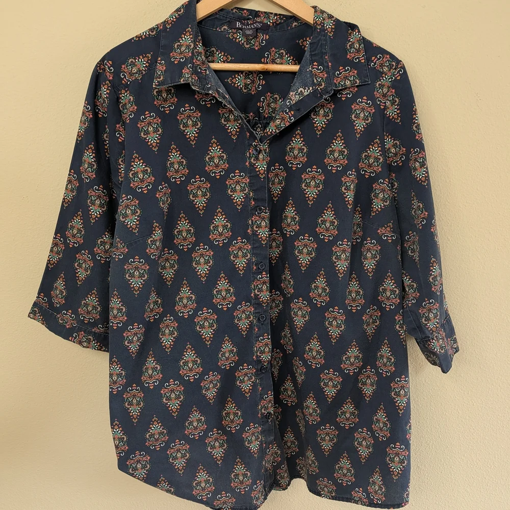 Roaman's Womens 20W Navy Blue Boho Paisley Button‎ Up Shirt Plus Size 3/4 Sleeve